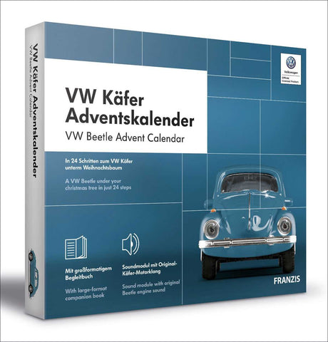 Buchcover eines VW Käfer Adventskalenders mit Bild eines blauen VW Käfers und Text in Deutsch und Englisch.