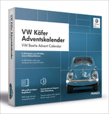VW Käfer Adventskalender mit Bild eines blauen VW Käfers und Text in Deutsch und Englisch.