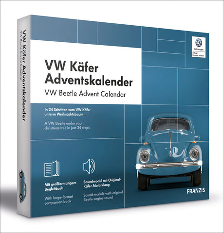 VW Käfer Adventskalender mit Bild eines blauen VW Käfers und Text in Deutsch und Englisch.