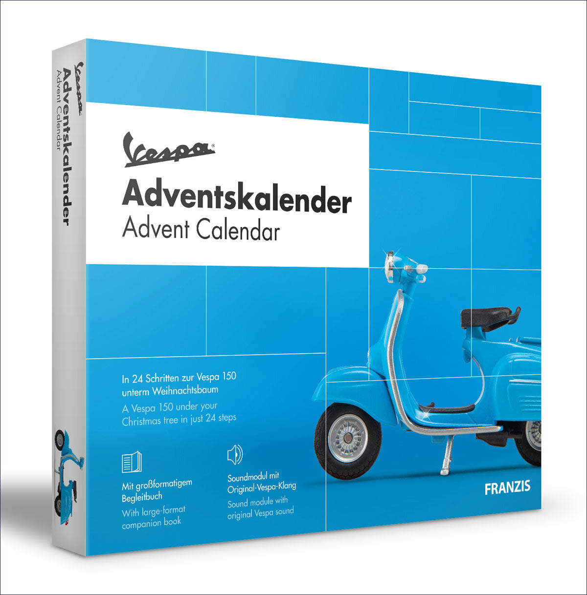 Buchcover eines Adventskalenders mit einem blauen Vespa 150 und Text in Deutsch und Englisch.