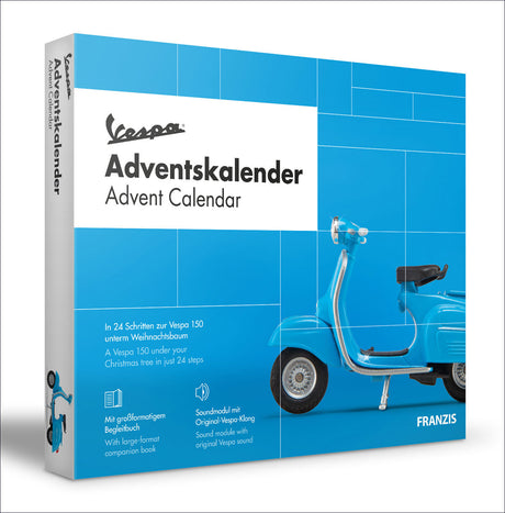 Buchcover eines Adventskalenders mit einem blauen Vespa 150 und Text in Deutsch und Englisch.