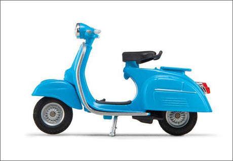 Kleiner, blauer Kinder-Roller mit schwarzem Sitz und weißen Details.