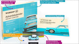 Bausatz mit Pappbox, Begleitbuch, Spielzeugauto, Pappmotorrad, blauer Trabant 601, verschiedene Hintergrundmotive
