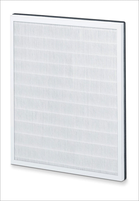 Luftfilter mit weißem Rahmen und filterndem Material, schräg nach rechts oben.