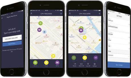 Vier Smartphones mit App-Benutzeroberflächen: Registrierung, Kartenansicht, Fahrzeug- und Geräteinformationen, Einstellungen.