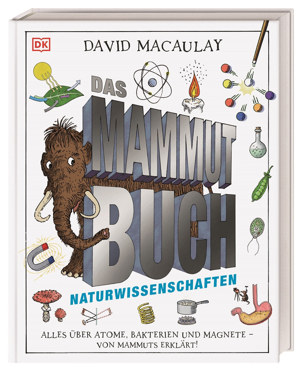 Buchcover mit Titel "Das Mammut Buch", Illustrationen von Mammut, Atommodell, Magneten, Bakterien, Wissenschaftssymbole