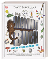 Buchcover mit Titel "Das Mammut Buch", Illustrationen von Mammut, Atommodell, Magneten, Bakterien, Wissenschaftssymbole
