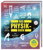 Buchcover mit Titel "Das Physik-Buch" und Illustrationen zu physikalischen Themen wie Quarks, Magnetismus, Bewegung und Natur.