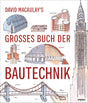 Titelbild mit technischen Zeichnungen und Skizzen von Gebäuden und Brücken, dazu Text: "Das große Buch der Bautechnik".