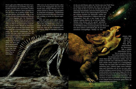 Dinosaurier-Skelett und Echsenkopf auf einer Doppelseite mit Text über Fossilien und das Universum.