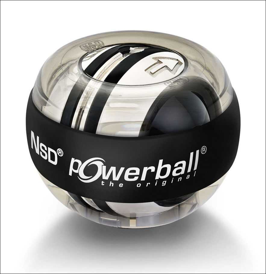 Kugel mit transparentem Gehäuse, schwarzem Band und "Powerball" Schriftzug.