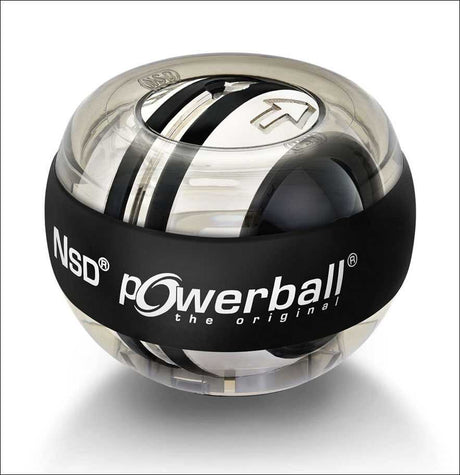 Kugel mit transparentem Gehäuse, schwarzem Band und "Powerball" Schriftzug.