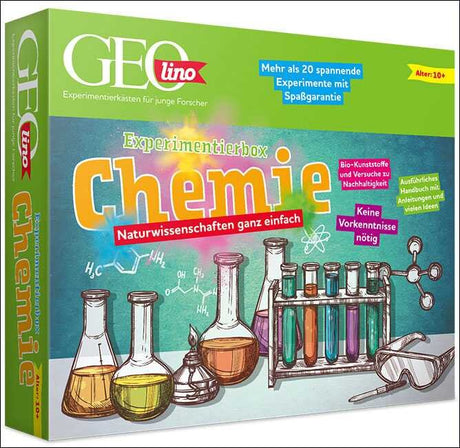 Experimentierbox Chemie mit Flaschen, Reagenzgläser, chemische Formeln, Schutzbrille, Text: "Naturwissenschaften ganz einfach".