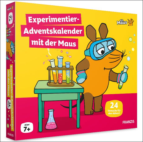 Experimentier-Adventskalender mit der Maus, mit Testgläsern, einer Maus mit Schutzbrille und Laborausrüstung, für Kinder ab 7 Jahr