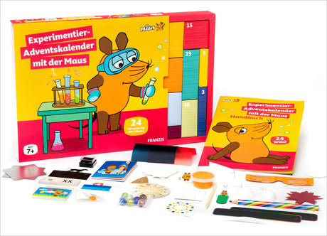 Buch, Spielzeug, Bastelmaterialien, Teststreifen, Stifte, Anleitungen und ein Adventskalender mit Maus.