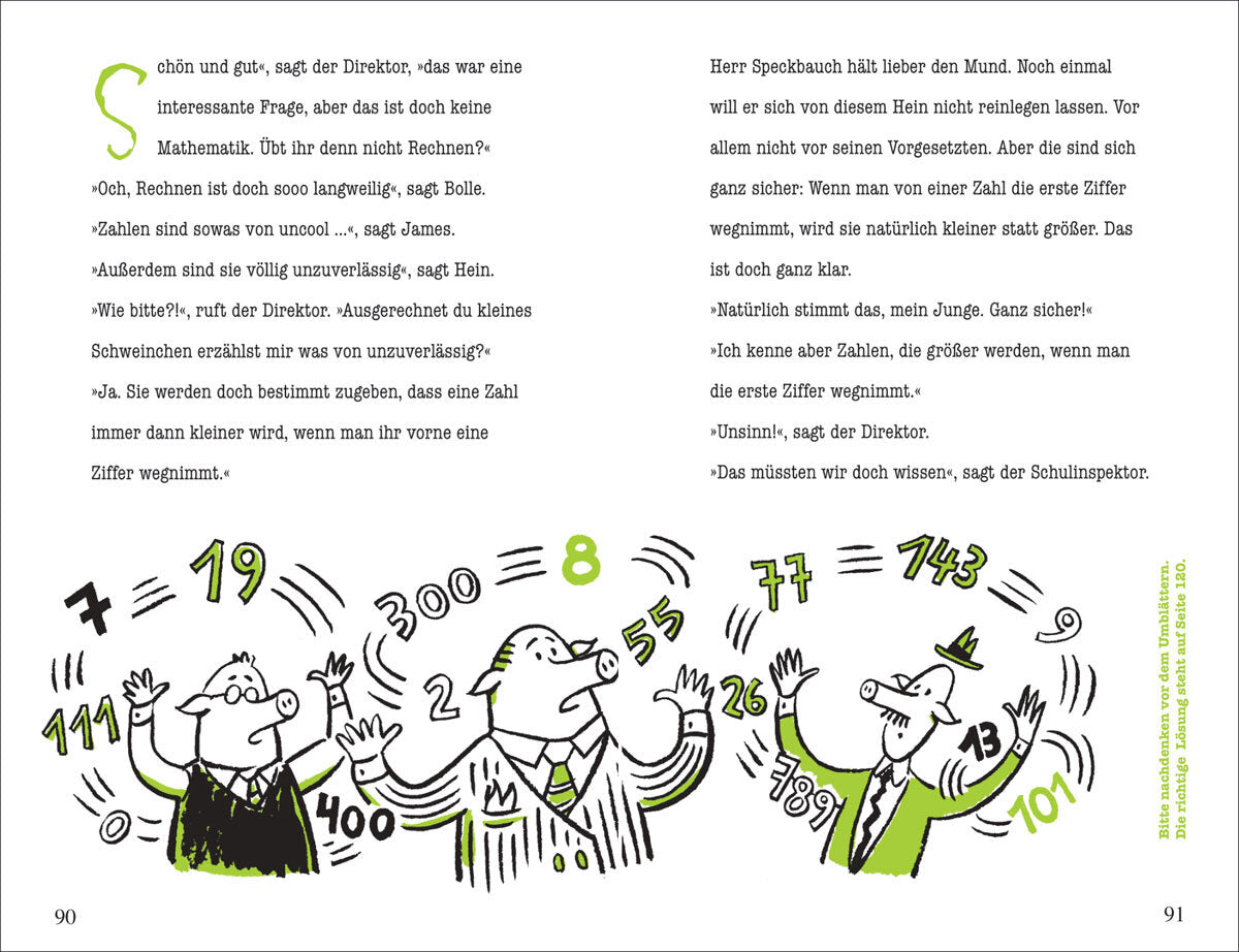 Drei cartoonartige Schweine in Anzügen, die Zahlen in die Luft werfen, darunter Text mit Dialogen und Erklärungen.