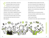 Drei cartoonartige Schweine in Anzügen, die Zahlen in die Luft werfen, darunter Text mit Dialogen und Erklärungen.