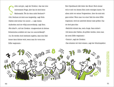 Drei cartoonartige Schweine in Anzügen, die Zahlen in die Luft werfen, darunter Text mit Dialogen und Erklärungen.