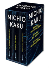 Drei schwarze Buchboxen mit blauen Linien und gelbem Text, Titel: "Michio Kaku" und "Die Physik des Unmöglichen".