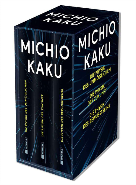 Drei schwarze Buchboxen mit blauen Linien und gelbem Text, Titel: "Michio Kaku" und "Die Physik des Unmöglichen".