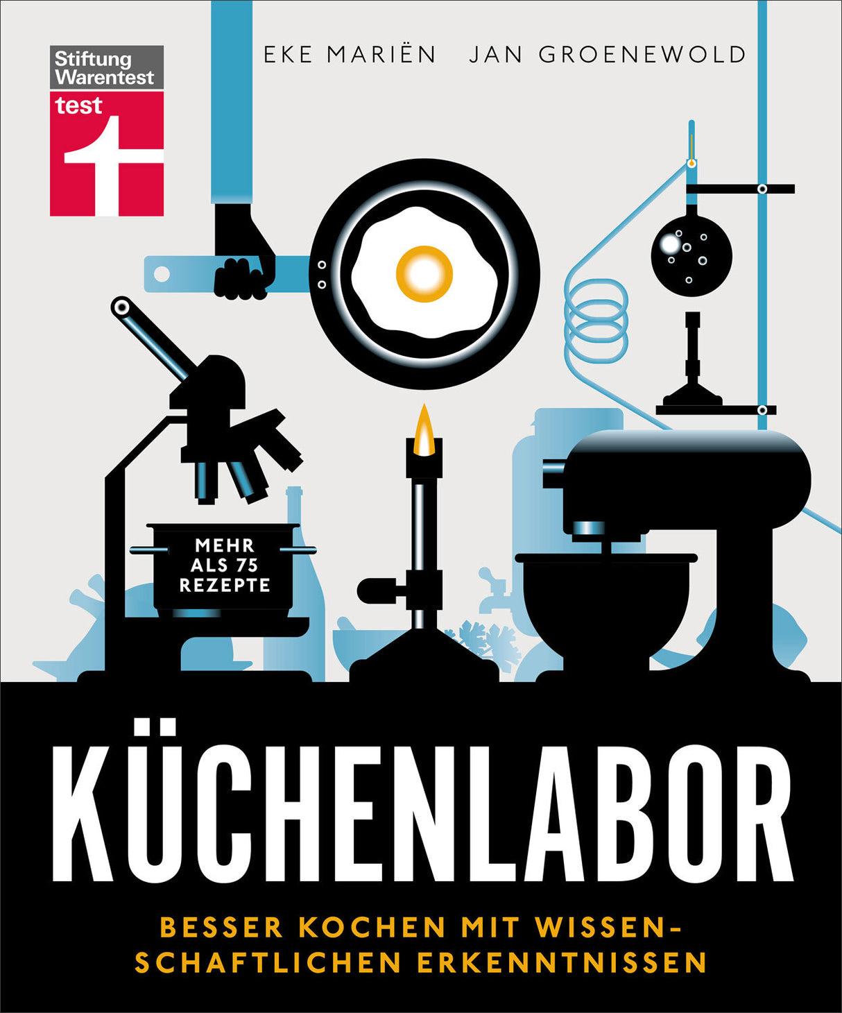 Buchcover mit wissenschaftlichen Küchengeräten, Titel "Küchenlabor" und Untertitel "Besser kochen mit wissenschaftlichen…