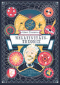 Buchcover mit Albert Einstein, wissenschaftlichen Symbolen, Planeten, Atommodell und Relativitätstheorie-Illustrationen.