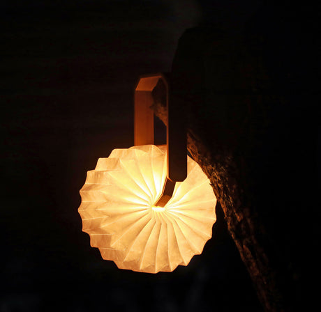 Hängende Lampe mit einem runden, gefalteten, lichtdurchlässigen Schirm, der an einer Holzhalterung befestigt ist.
