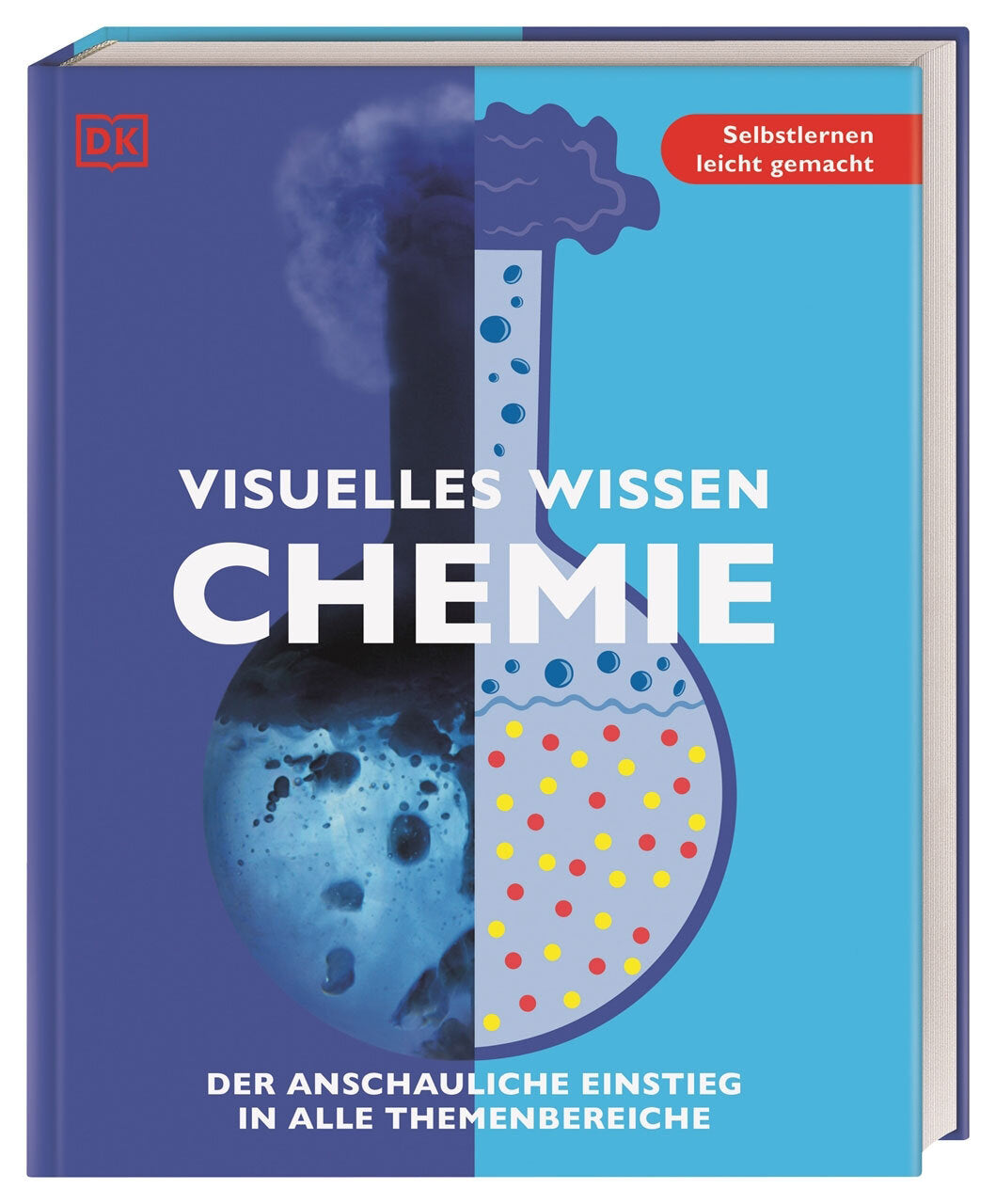 Buchcover mit Titel "Visuelles Wissen Chemie", halb fotografisch, halb grafisch, mit Rauch, Molekülen und bunten Punkten.