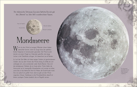 Großer Vollmond mit Kratern, rechts, und Text auf der linken Seite über den Mond und seine Namen.
