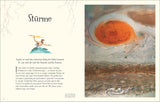 Seiten mit Text über Stürme und ein Bild des Jupiters mit seinem roten Fleck.