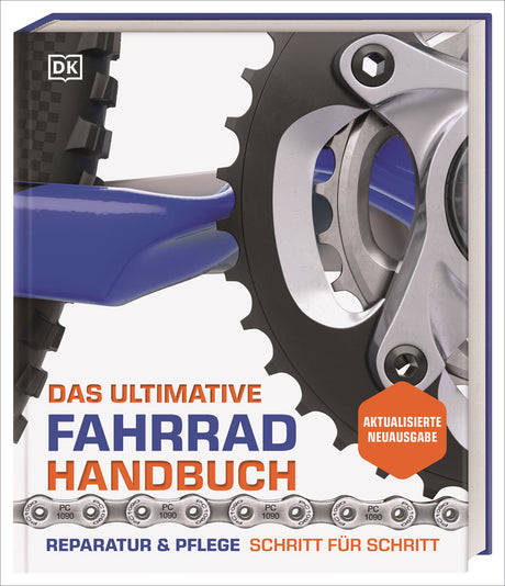 Buchcover mit Fahrradkette, Kettenblatt, Tretlager und Rahmen, Titel in orange und blau, DK-Logo, orange Hexagon mit "Aktualisiert