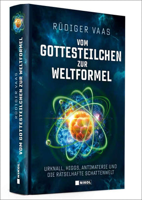 Buchcover mit Titel, Autor, Atommodell und leuchtenden Farben, dunklem Hintergrund und blauen Wolkenmustern.