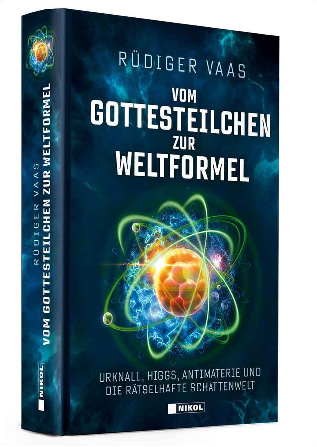 Buchcover mit Titel, Autor, Atommodell und leuchtenden Farben, dunklem Hintergrund und blauen Wolkenmustern.