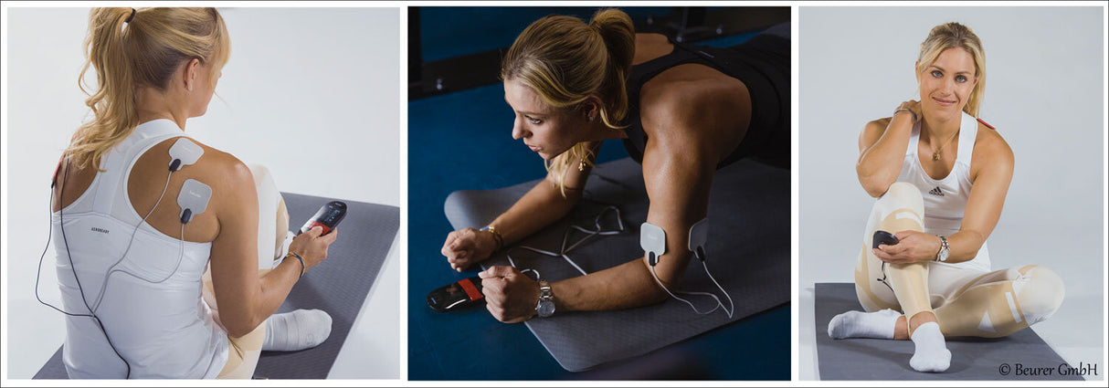 Drei Frauen beim Training mit Elektro-Muskelstimulation, in verschiedenen Positionen, auf Matte und Sitz.