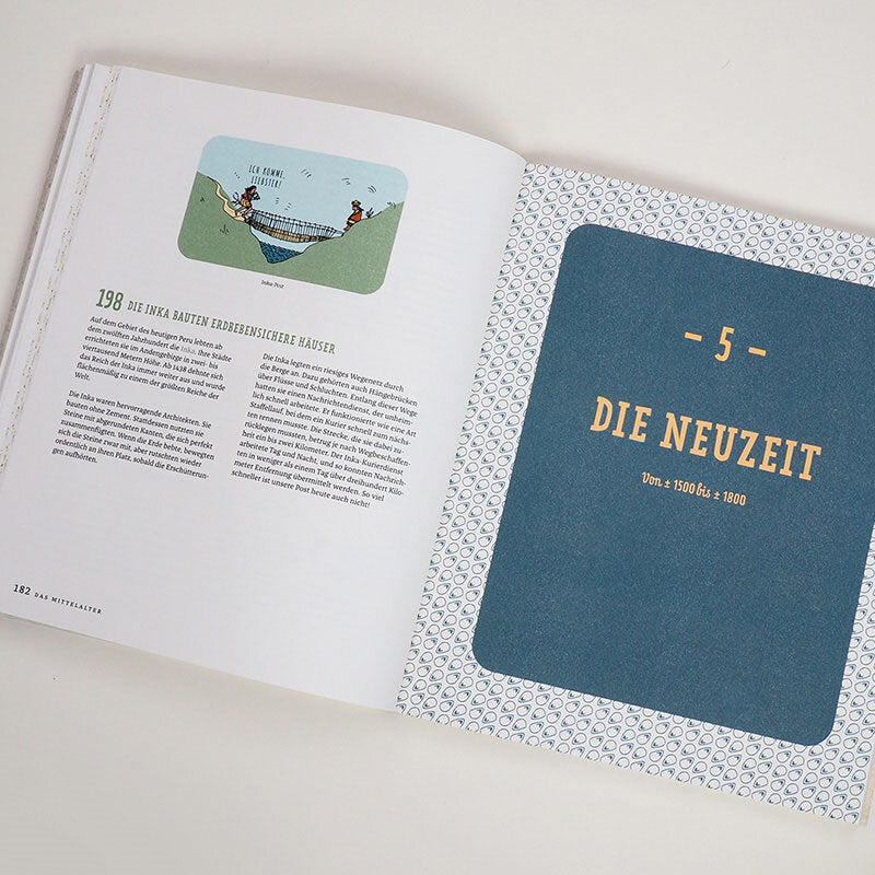 Offene Buchseite mit Text und Illustration, Titel "Die Neuzeit"