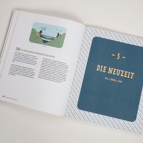 Offene Buchseite mit Text und Illustration, Titel "Die Neuzeit"