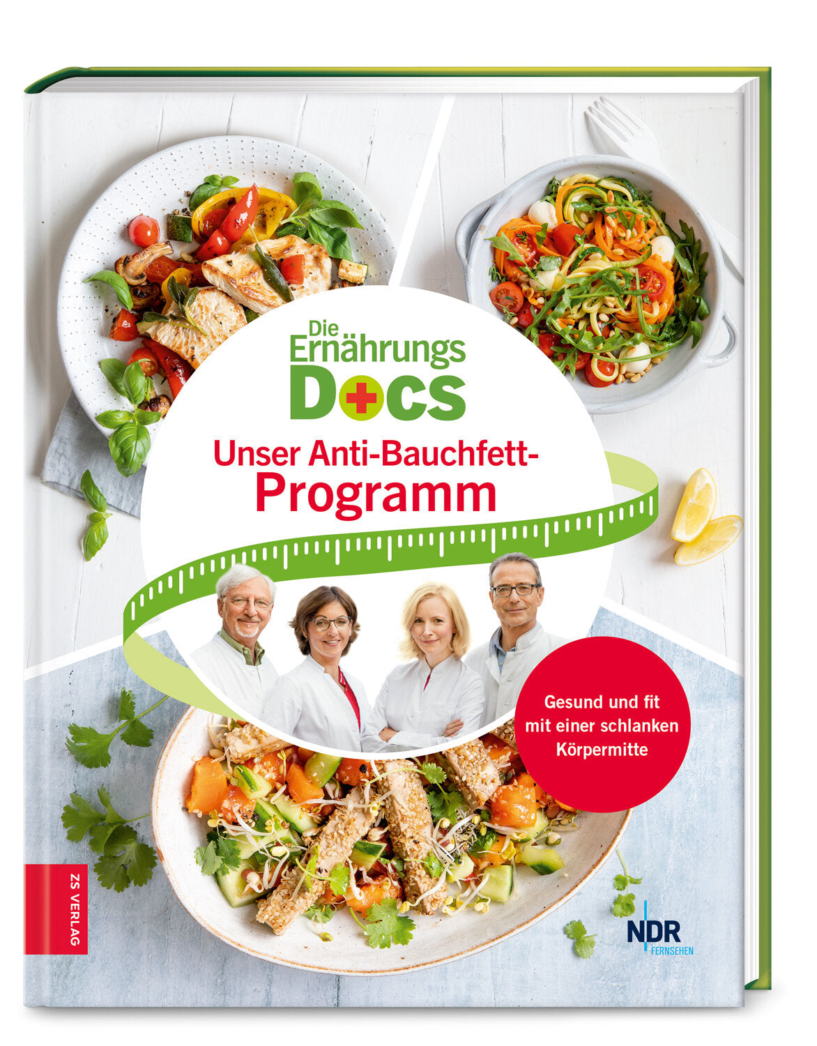 Buchcover mit Bildern von bunten Salaten, vier Ärzten und Text zum Anti-Bauchfett-Programm.