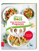 Buchcover mit Bildern von bunten Salaten, vier Ärzten und Text zum Anti-Bauchfett-Programm.