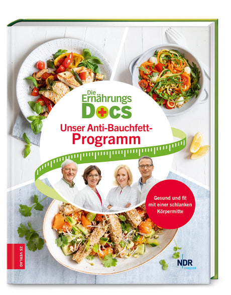 Buchcover mit Bildern von bunten Salaten, vier Ärzten und Text zum Anti-Bauchfett-Programm.