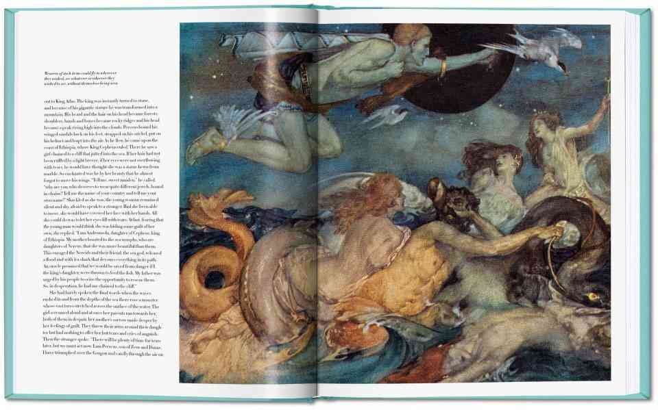 Fabelhafte Szene mit mythologischen Figuren, Meerestieren und einem dunklen Himmel.