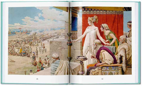 Bild zeigt eine antike Szene mit römischen Figuren auf einer Tribüne und einem Kampf im Amphitheater im Hintergrund.