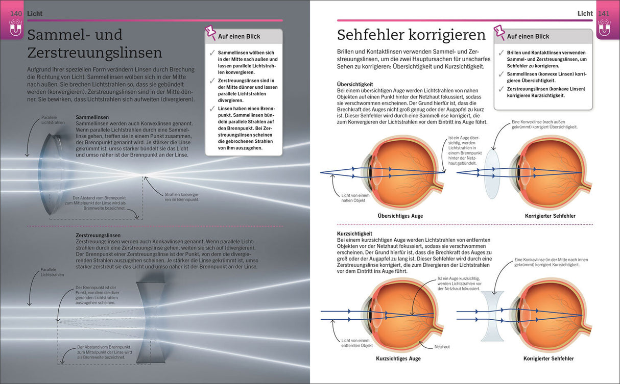 Diagramm mit Text und Illustrationen zu Sammel- und Zerstreuungslinsen, deren Funktion und Korrektur von Sehfehlern.