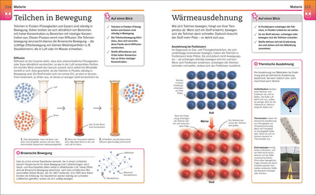 Diagramm und Text zu Teilchen in Bewegung und Wärmeausdehnung, mit Illustrationen von Gasen.
