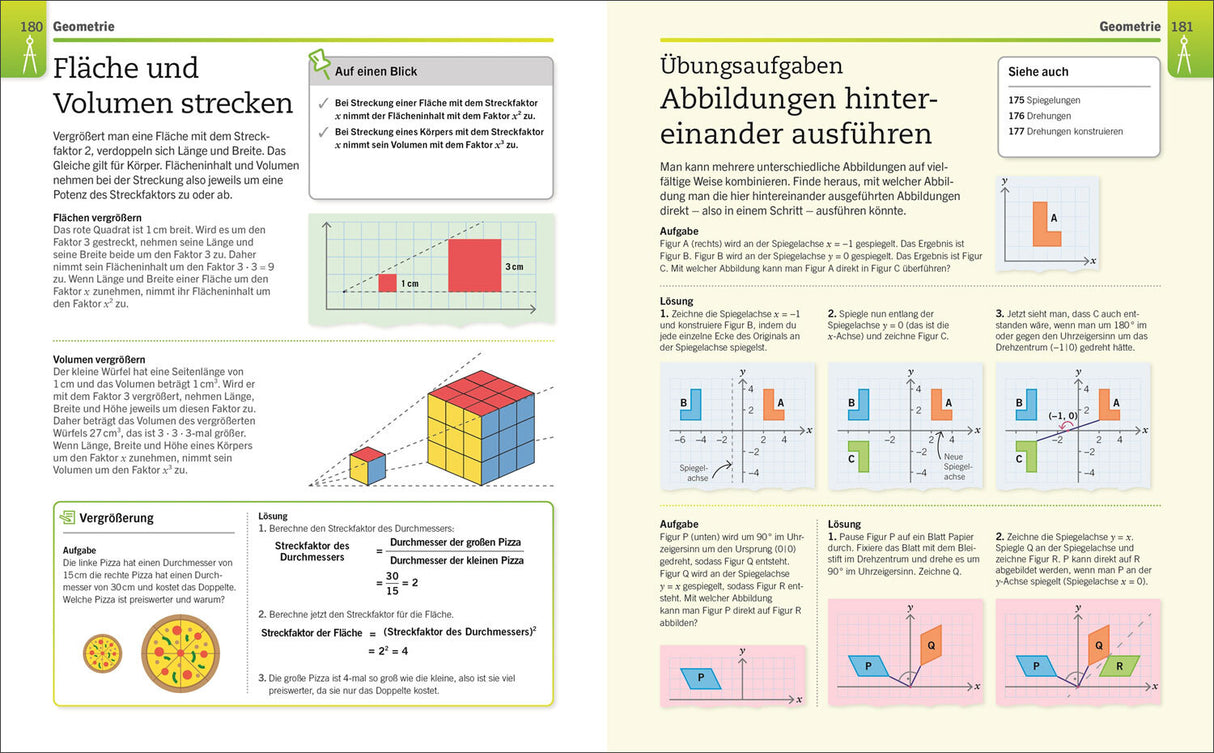 Zwei Doppelseiten aus einem Mathematikbuch mit Text, Diagrammen und farbigen Abbildungen zu Flächen- und Volumenberechnung.