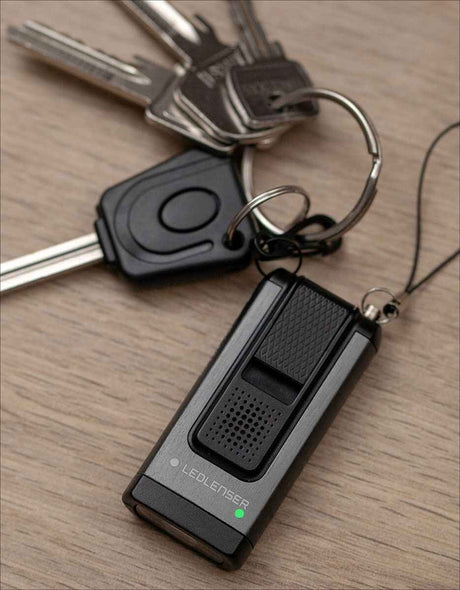 Schlüssel, Schlüsselanhänger, LED-Lenser Taschenlampe, auf Holzuntergrund.