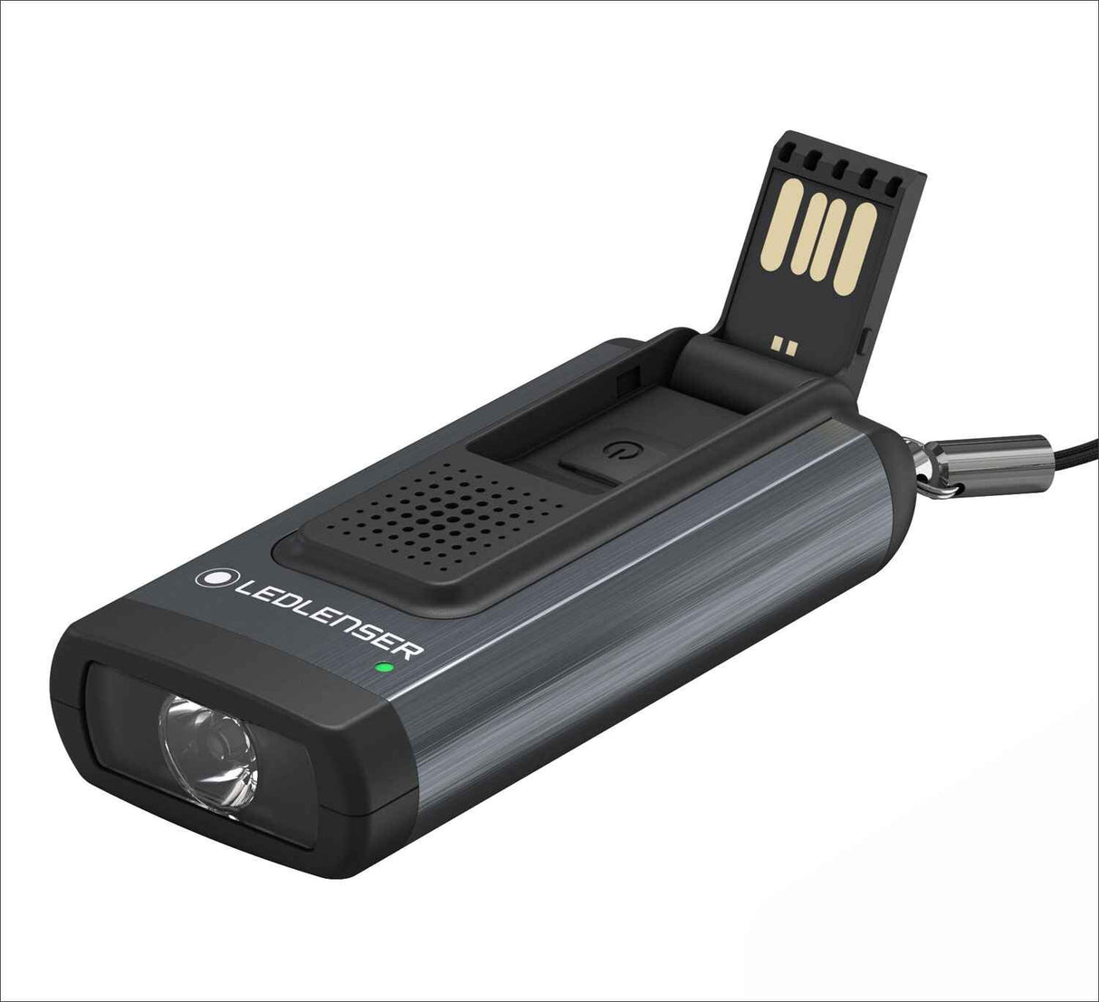 Tragbares LED-Licht mit USB-Stick, auf dem "LEDLENSER" steht, und einem Schalter.