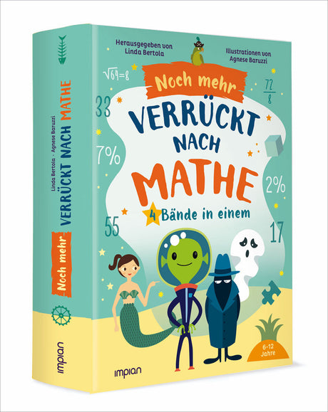 Buchcover mit bunten Figuren, Zahlen, Prozenten und mathematischen Symbolen, Titel "Noch mehr verrückt nach Mathe".