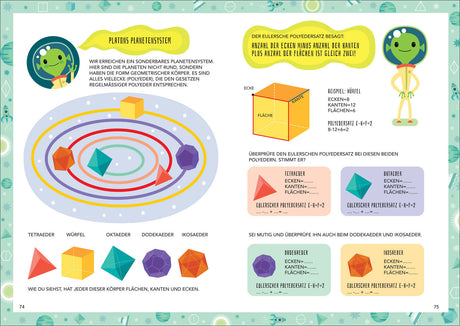 Illustration eines Planeten-Systems mit verschiedenen polyedrischen Körpern, Ecken, Kanten und Flächen.