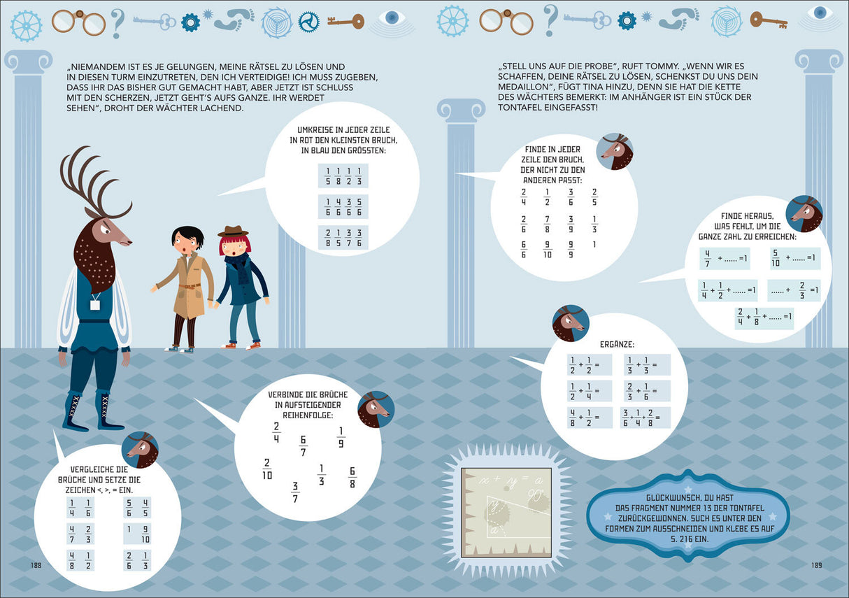 Illustration eines Wächters mit zwei Menschen, verschiedene mathematische Rätsel und Anweisungen in Sprechblasen, im antiken Stil.