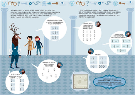 Illustration eines Wächters mit zwei Menschen, verschiedene mathematische Rätsel und Anweisungen in Sprechblasen, im antiken Stil.
